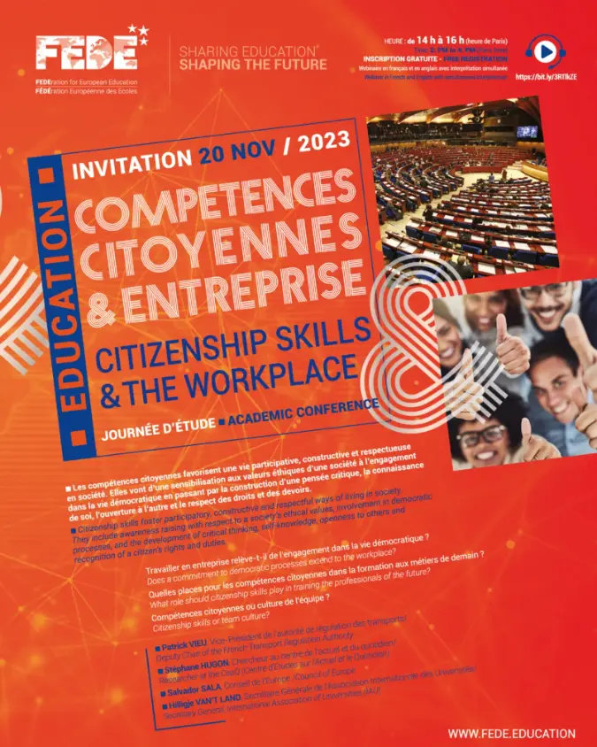 Journée d'Étude FEDE 2023 La Fédération Européenne des Écoles (FEDE) organise sa journée d'étude annuelle le lundi 20 novembre 2023, de 14h à 16h